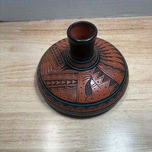 Handmade Navajo Terracotta Ceramic Seed Pot with Black and Teal Folk Motifs